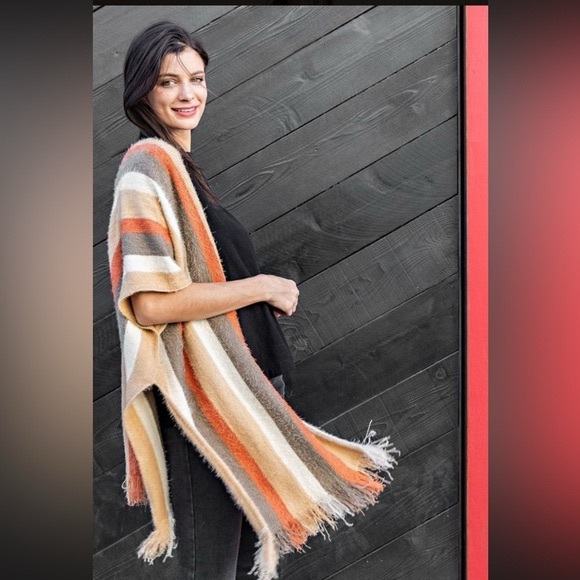 Kori America | Striped Eyelash Cardigan Duster Wrap in Neutral 1X 2X - Picture 7 of 16